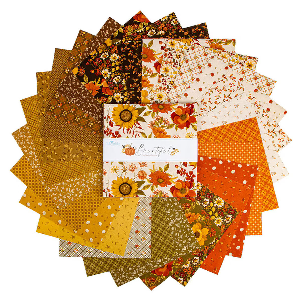Collection of autumn-themed fabric swatches with a central card displaying sunflowers and leaves.
