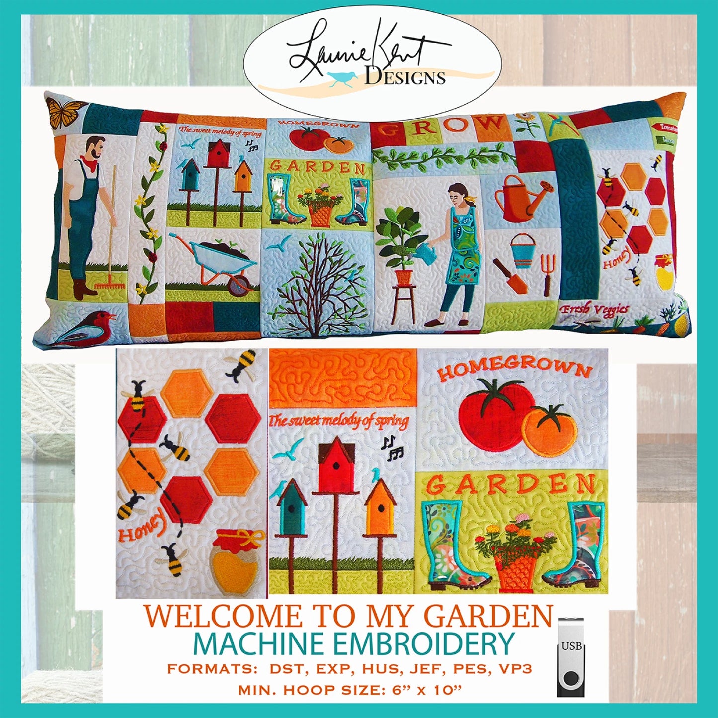 Welcome to My Garden Embroidery USB-Laurie Kent Designs