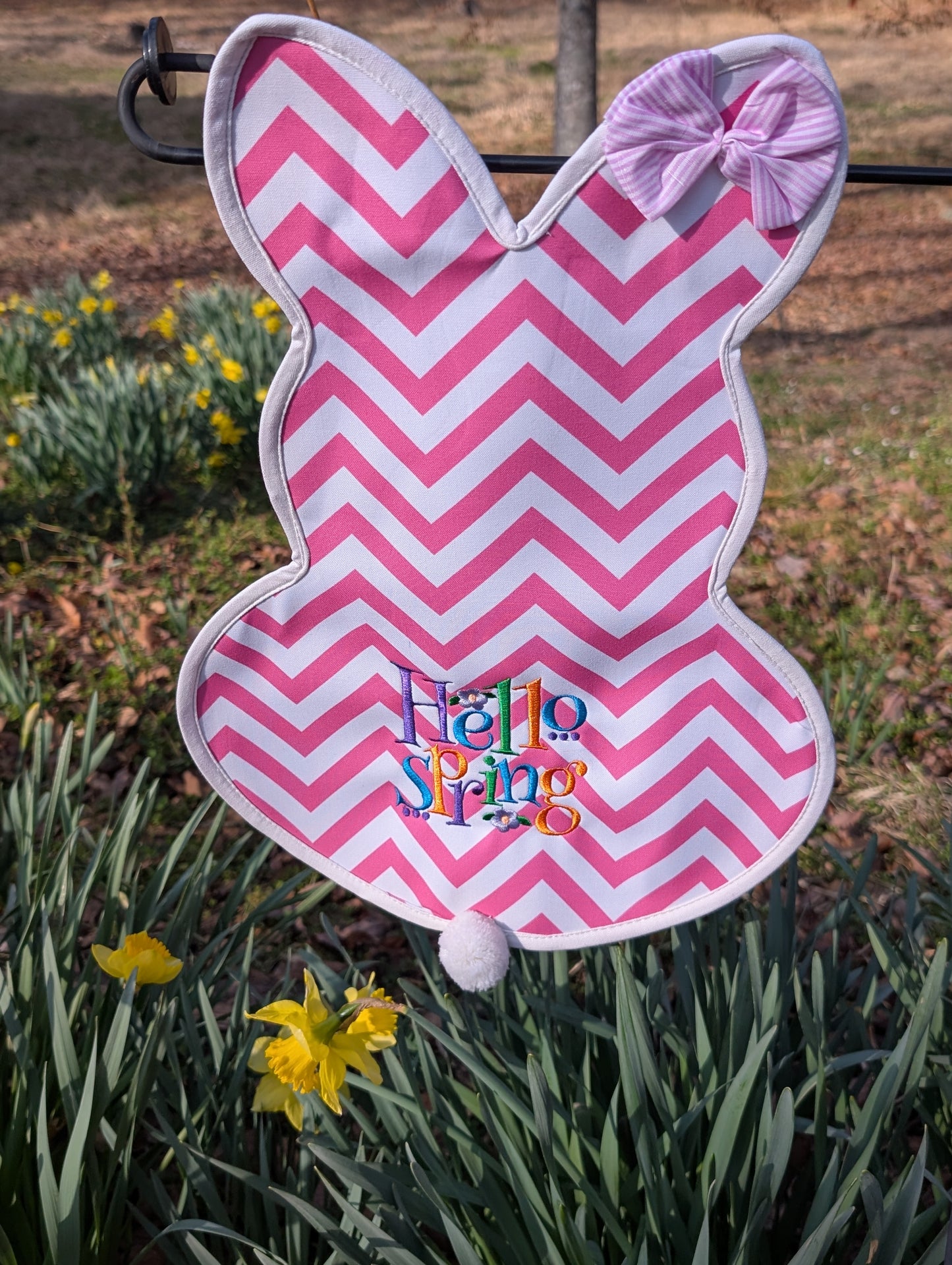 Pink Chevron Bunny Garden Flag – Hello Spring Embroidered Yard Decor