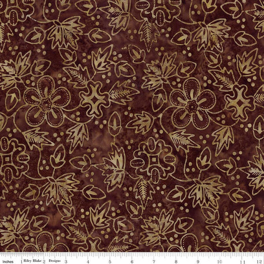 Brown fabric with beige floral and leaf pattern