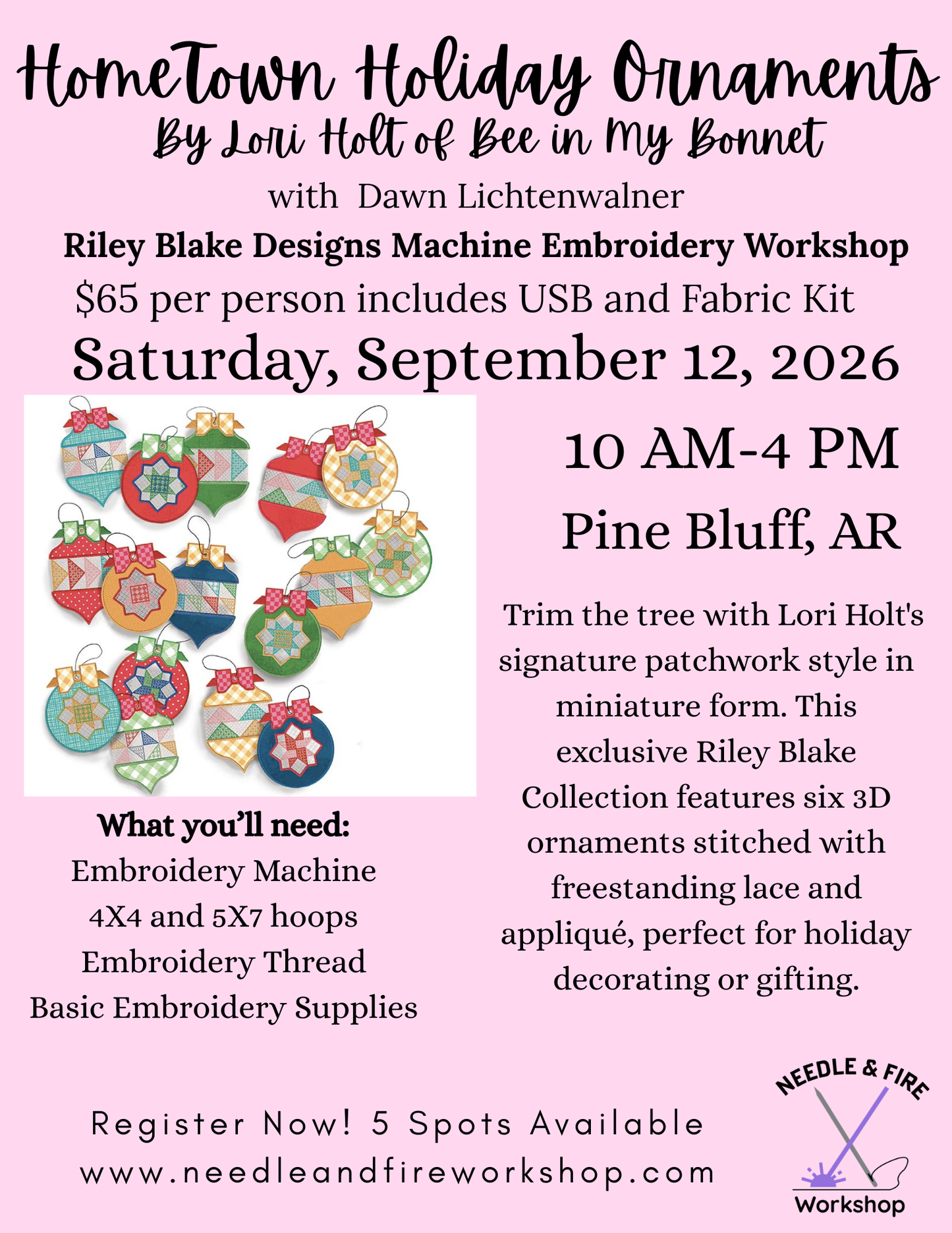 Hometown Holiday Ornaments Machine Embroidery Workshop – September 12, 2026