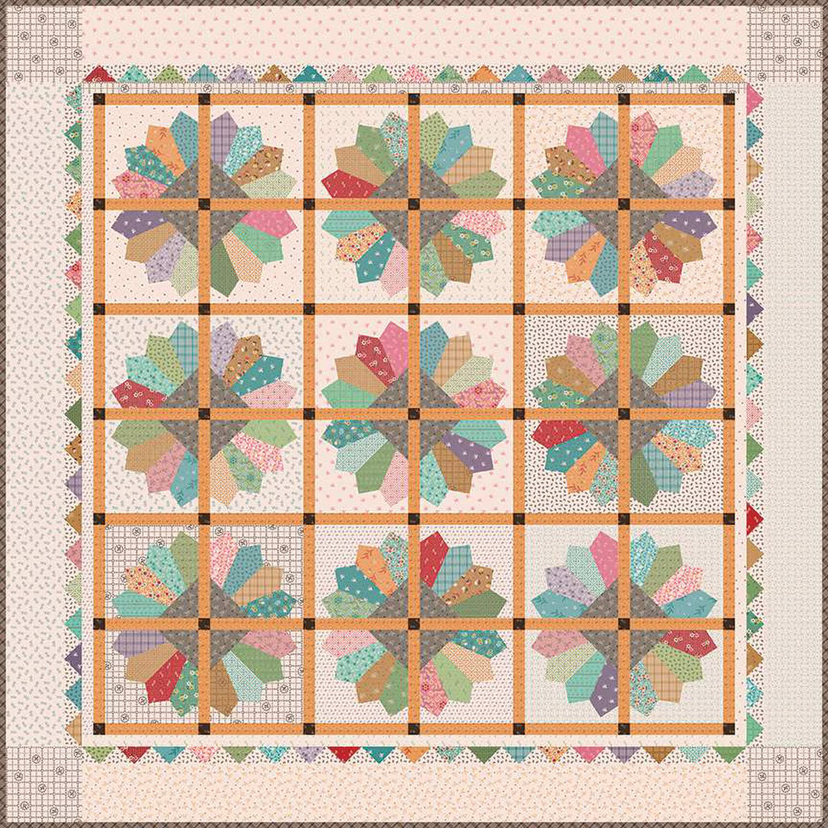 Quilt with colorful geometric pattern on a beige background