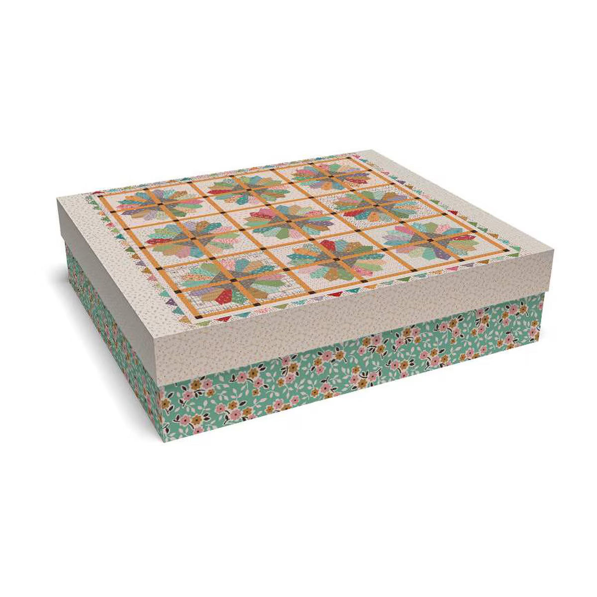 Decorative box with a quilt pattern on a white background