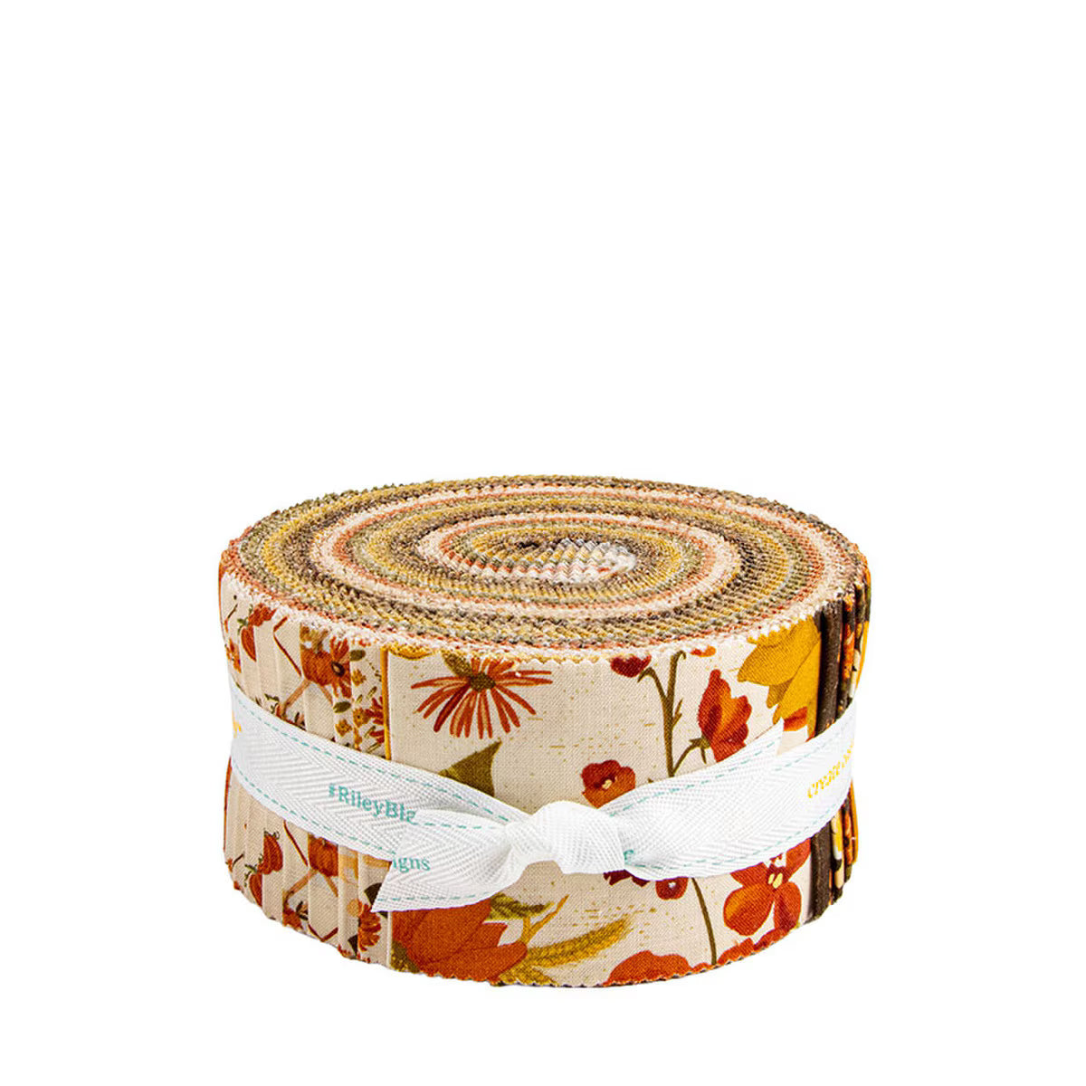Roll of floral fabric with a white ribbon on a white background