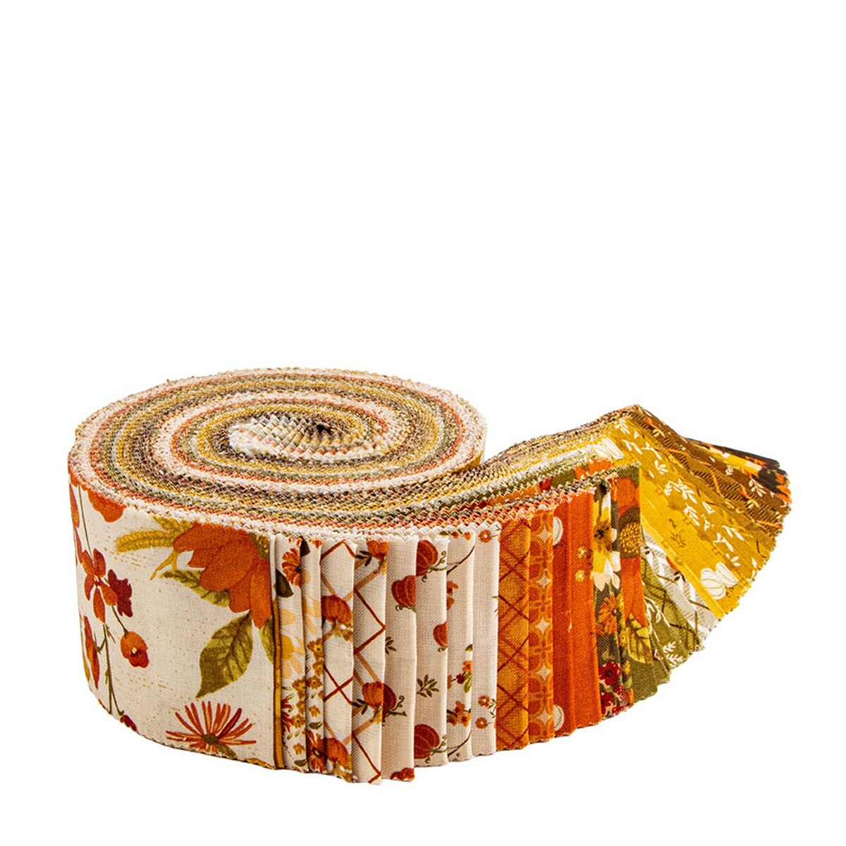 Roll of fabric with autumn-themed patterns on a white background